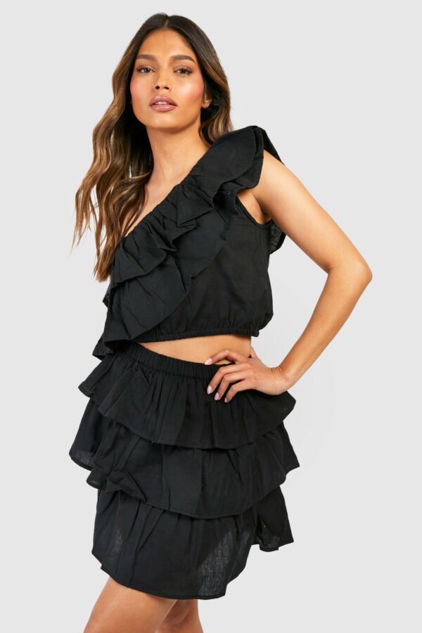 Womens One Shoulder Ruffle Top & Mini Skirt - Black - 10, Black