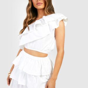 Womens One Shoulder Ruffle Top & Mini Skirt - White - 16, White