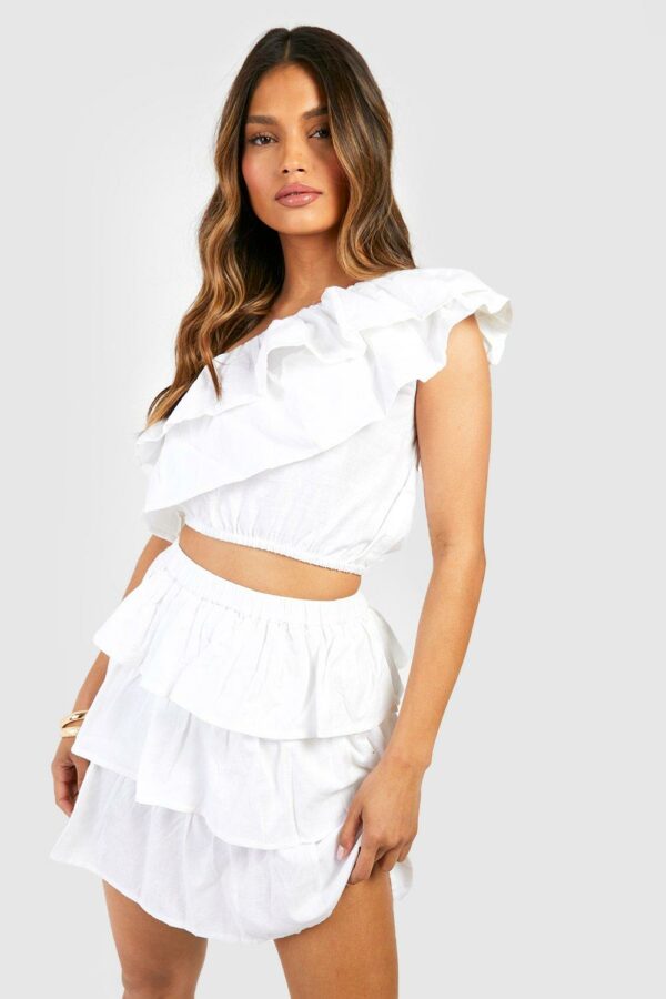 Womens One Shoulder Ruffle Top & Mini Skirt - White - 16, White