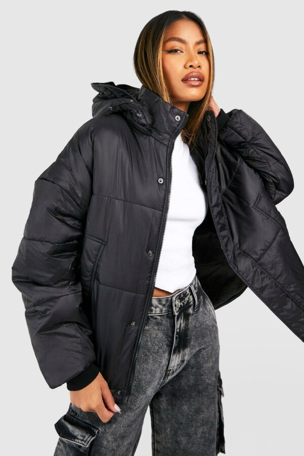 Womens Oversized Hooded Puffer Jacket - Black - 12, Black