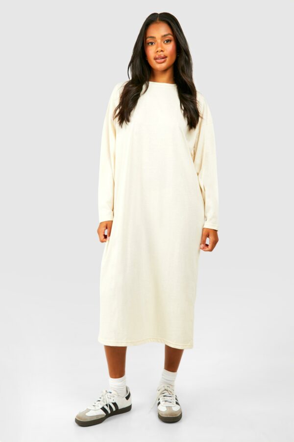 Womens Oversized Long Sleeve T-Shirt Midi Dress - Beige - 8, Beige