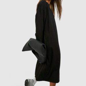 Womens Oversized Long Sleeve T-Shirt Midi Dress - Black - 8, Black