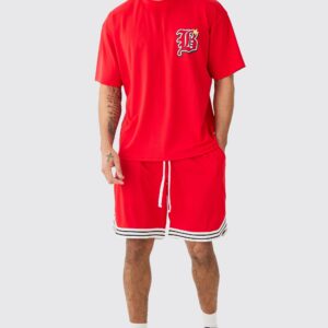 Womens Oversized Mesh Varsity Top And Basketball Shorts Set - Red - Xl, Red