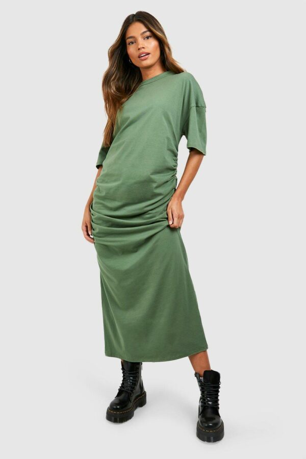 Womens Oversized Ruching Cotton Midaxi T-Shirt Dress - Green - 8, Green