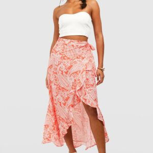 Womens Paisley Bohemian Wrap Ruffle Maxi Skirt - Red - 6, Red