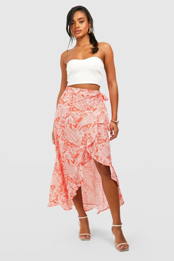 Womens Paisley Bohemian Wrap Ruffle Maxi Skirt - Red - 6, Red