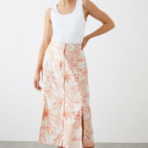 Womens Palm Print Button Through Midi Skirt