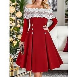 Women's Party Dress Cocktail Dress Red Dress Lace Patchwork Off Shoulder Half Sleeve Midi Dress Christmas Wedding Guest Red Spring Fall