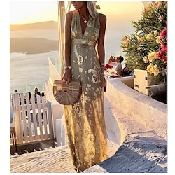 Women's Party Dress Sundress A Line Dress Long Dress Maxi Dress Black Yellow Pink Sleeveless Pure Color Shimmer Summer Spring Deep V Vacation Party Vacation Fall Dress 2023 S M L XL