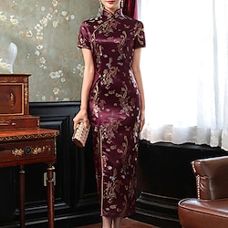 Women's Party Dress Wedding Guest Dress Sheath Dress Midi Dress Black Wine Red Short Sleeve Animal Embroidered Summer Spring Fall Stand Collar Modern Wedding Guest Vacation Summer Dress 2023 S M L XL