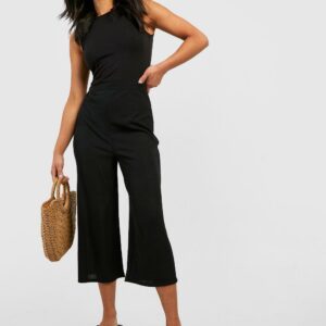 Womens Petite Basic Wide Leg Culottes - Black - 4, Black