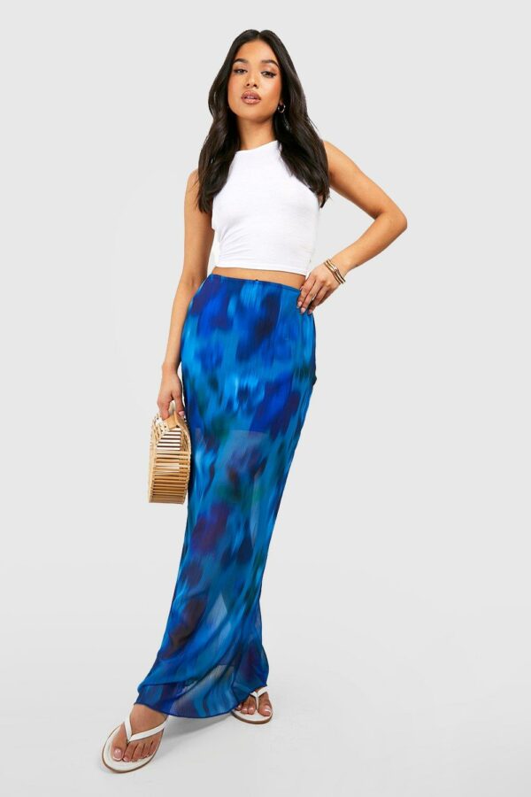 Womens Petite Blurred Floral Sheer Maxi Skirt - Blue - 14, Blue