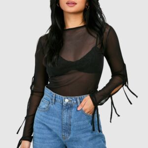 Womens Petite Bow Detail Mesh Top - Black - 8, Black