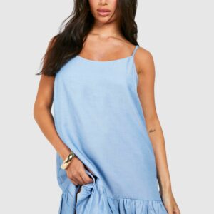 Womens Petite Chambray Strappy Ruffle Hem Swing Dress - Blue - 12, Blue