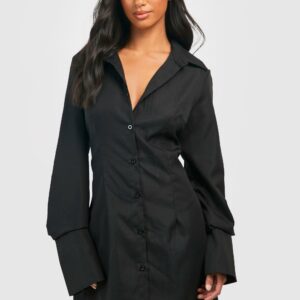 Womens Petite Cinched Waist Shirt Dress - Black - 6, Black