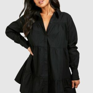 Womens Petite Cotton Swing Smock Shirt Dress - Black - 12, Black