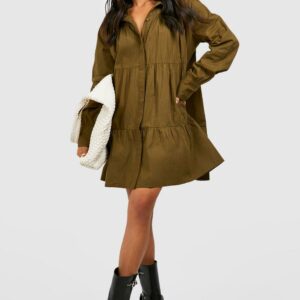 Womens Petite Cotton Swing Smock Shirt Dress - Green - 6, Green