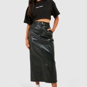 Womens Petite Croc Faux Leather Split Midaxi Skirt - Black - 8, Black