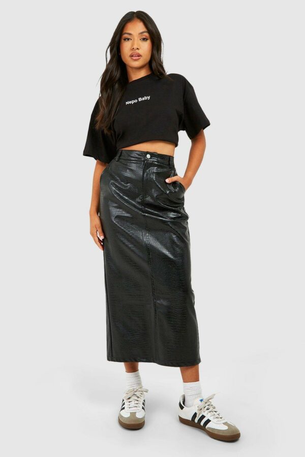 Womens Petite Croc Faux Leather Split Midaxi Skirt - Black - 8, Black