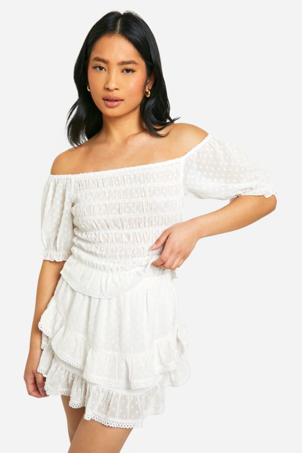 Womens Petite Dobby Tiered Ruffle Mini Skirt - White - 6, White