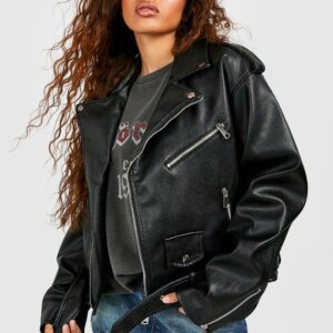 Womens Petite Faux Leather Oversized Biker Jacket - Black - 8, Black