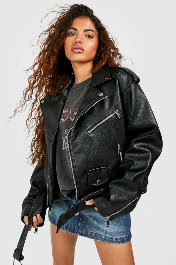 Womens Petite Faux Leather Oversized Biker Jacket - Black - 8, Black