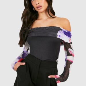 Womens Petite Floral Mesh Off The Shoulder Top - Black - 8, Black