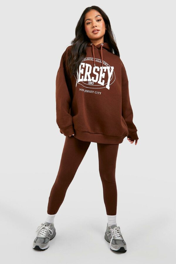 Womens Petite Jersey Slogan Oversized Hoodie And Leggings Tracksuit - Brown - S, Brown