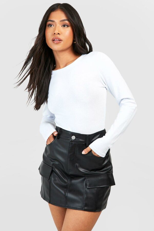 Womens Petite Leather Look Cargo Mini Skirt - Black - 10, Black