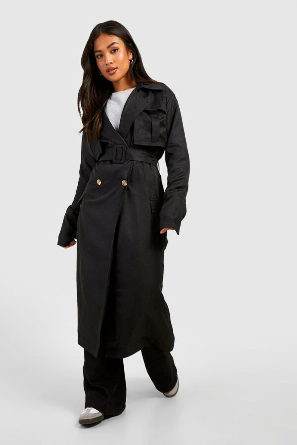 Womens Petite Longline Trench Coat - Black - 10, Black