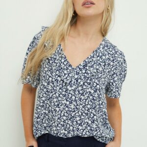 Womens Petite Navy Ditsy Ruffle Short Sleeve Blouse