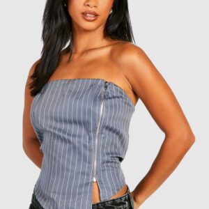 Womens Petite Pinstripe Asymmetric Zip Corset Top - Grey - 10, Grey