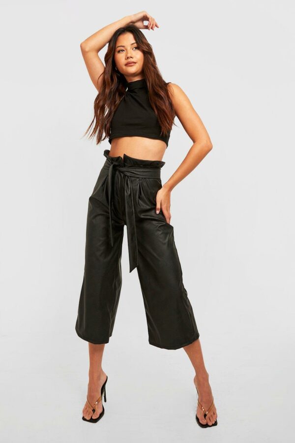 Womens Petite Pu Paperbag Waist Culottes - Black - 6, Black