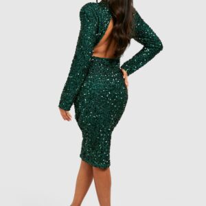 Womens Petite Sequin Shoulder Pad Backless Midi Dress - Green - 10, Green