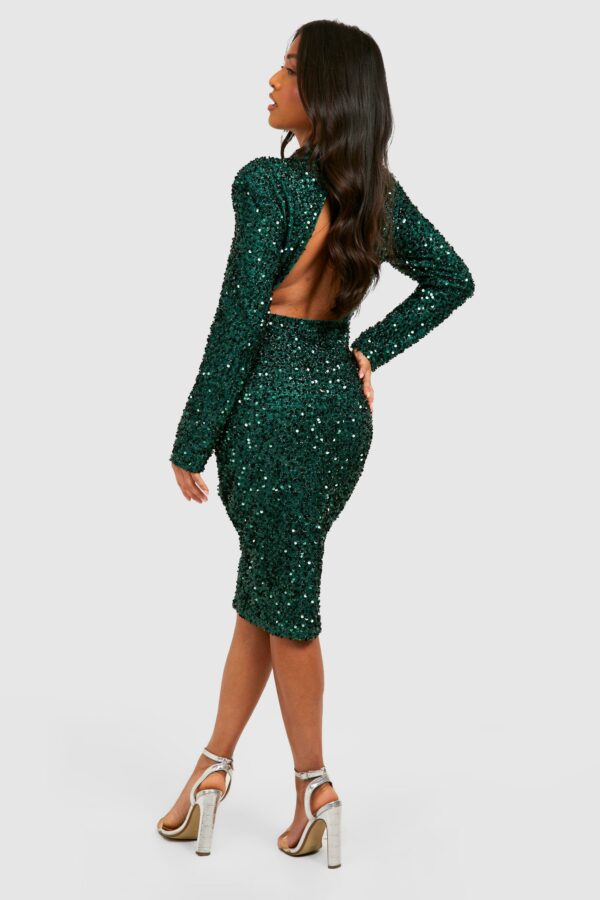 Womens Petite Sequin Shoulder Pad Backless Midi Dress - Green - 10, Green