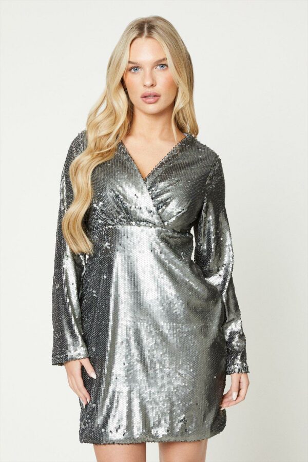 Womens Petite Silver Sequin Wrap Mini Dress