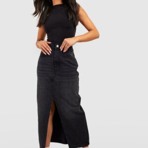 Womens Petite Split Front Denim Maxi Skirt - Black - 12, Black