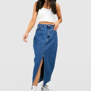 Womens Petite Split Front Denim Maxi Skirt - Blue - 16, Blue