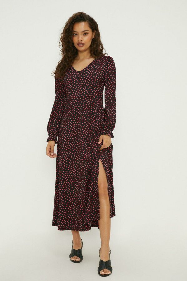 Womens Petite Spot V Neck Midi Dress