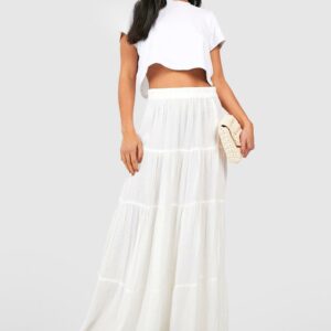 Womens Petite Tiered Cheesecloth Maxi Skirt - White - 14, White