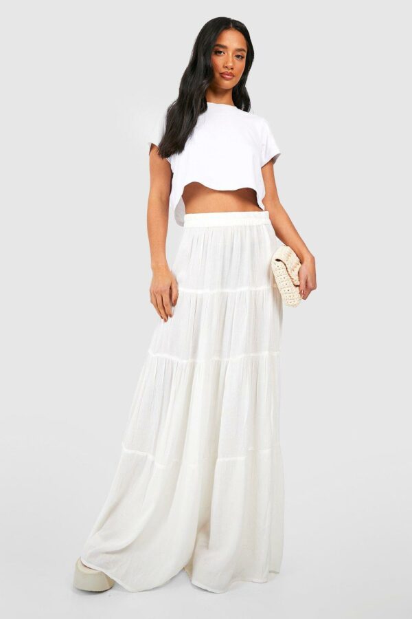 Womens Petite Tiered Cheesecloth Maxi Skirt - White - 14, White