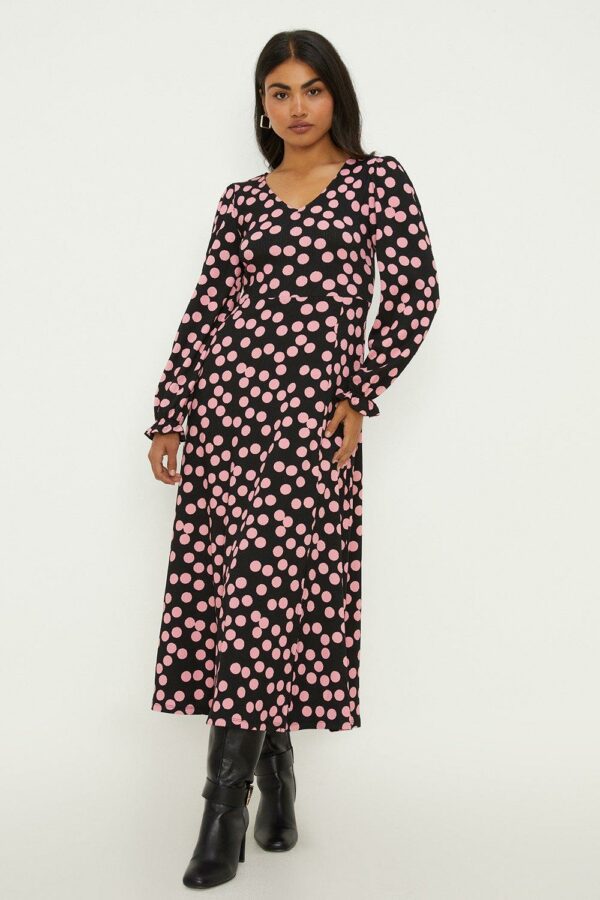 Womens Pink Spot Long Sleeve V Neck Midi Dress