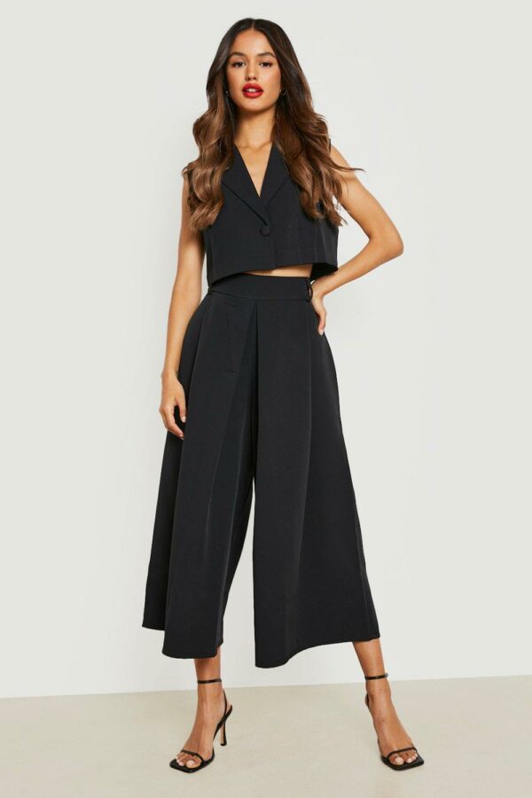 Womens Pleat Front Wide Leg Tailored Culottes - Black - 14, Black