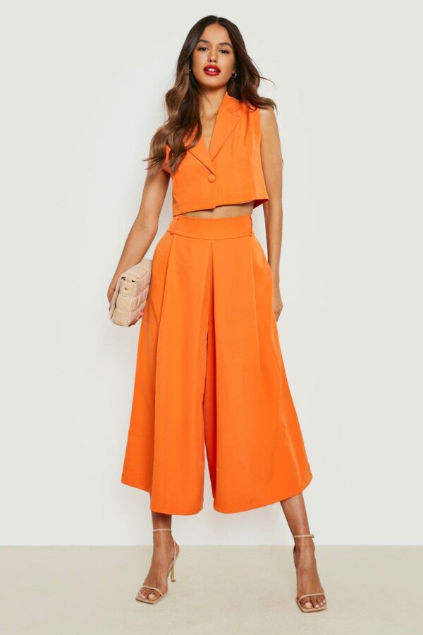 Womens Pleat Front Wide Leg Tailored Culottes - Orange - 12, Orange