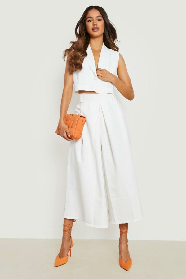 Womens Pleat Front Wide Leg Tailored Culottes - White - 12, White