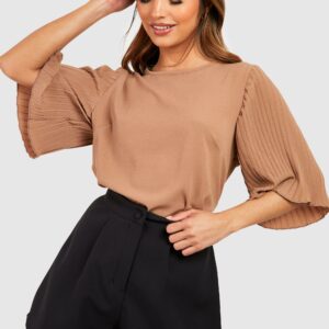 Womens Pleat Sleeve Woven Blouse - Beige - 10, Beige