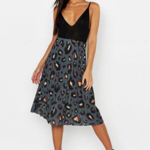 Womens Pleated Leopard Print Midi Skirt - Grey - 8, Grey