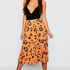 Womens Pleated Leopard Print Midi Skirt - Orange - 8, Orange