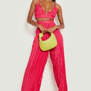 Womens Plisse Bralette & Wide Leg Trouser Set - Pink - 10, Pink