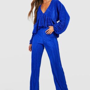 Womens Plisse Plunge Volume Blouse & Straight Leg Trouser Set - Blue - 8, Blue